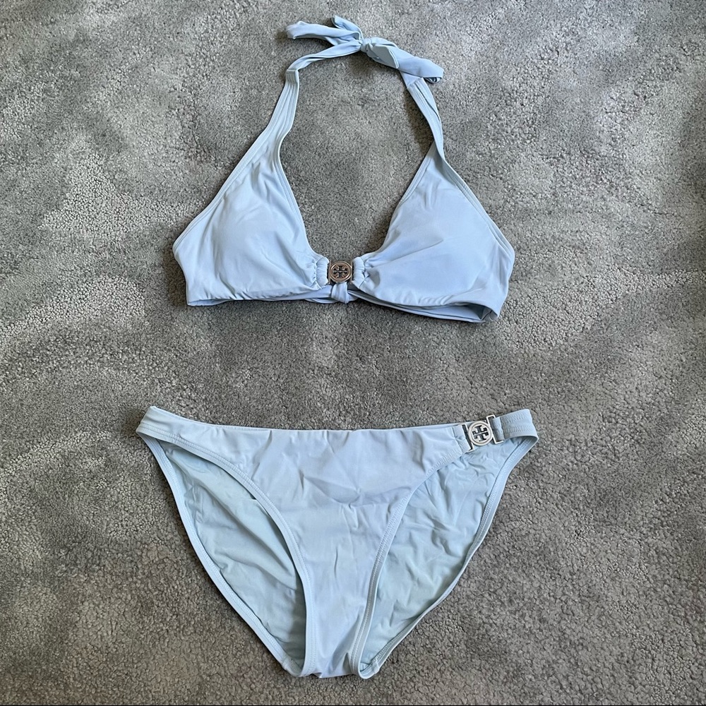 TORY BURCH Spring Blue Miller Halter Bikini Halter Top Hipster Bottom Swimsuit - Picture 3 of 10